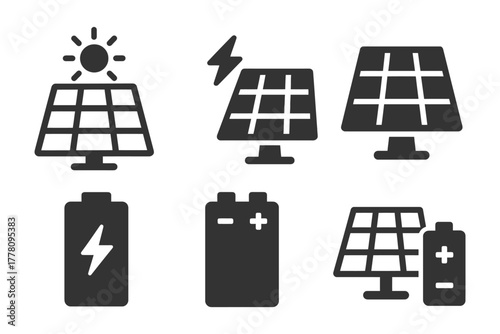 Solar panels and battery icons representing renewable energy and storage.