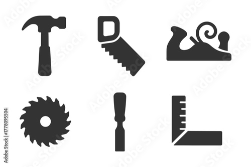 Vector icons of hammer, saw, plane, disc, chisel, set square for woodworking.