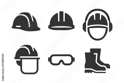 Vector icons of safety gear: helmets, goggles, ear muffs, and boots in black silhouette.