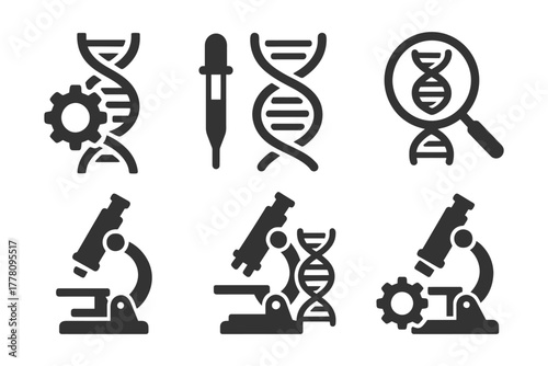Set of scientific icons featuring dna strands microscopes and laboratory equipment.