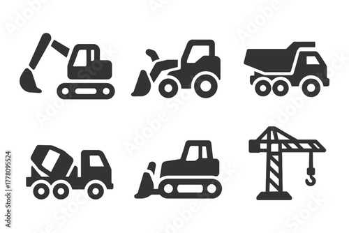 Construction vehicle icons set: excavator, bulldozer, crane, mixer, truck, loader.