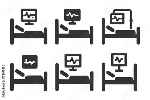 Hospital bed icons with heart monitor displays in various configurations.