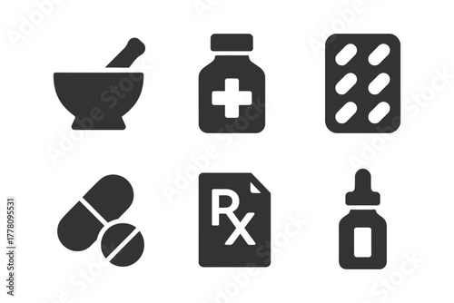 Pharmacy icons: mortar, pills, prescription, medicine bottles.