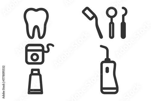 Dental hygiene icons: tooth, floss, toothpaste, dental tools, water flosser.