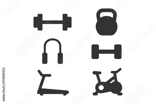 Collection of fitness equipment icons: dumbbell, kettlebell, headphones, treadmill, exercise bike.