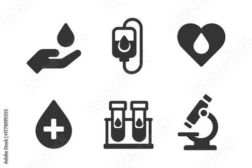 Blood donation icons: hand drop, heart, test tubes, microscope, healthcare symbols.