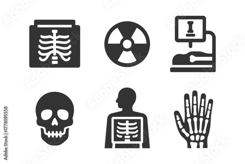 Medical imaging icons: x-ray, radiology, skeletal system, scans, radiation.