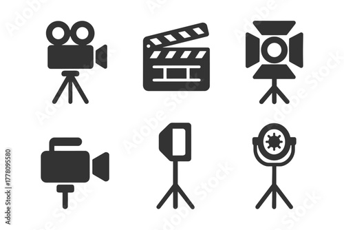 Film production icons: camera, clapboard, lighting equipment set.