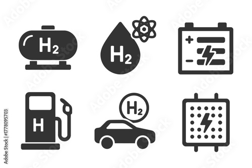 Hydrogen energy icons set: tank, molecule, battery, charging, fuel pump, car, grid.