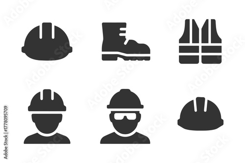 Construction safety icons: helmet, boot, vest, protective gear symbols.