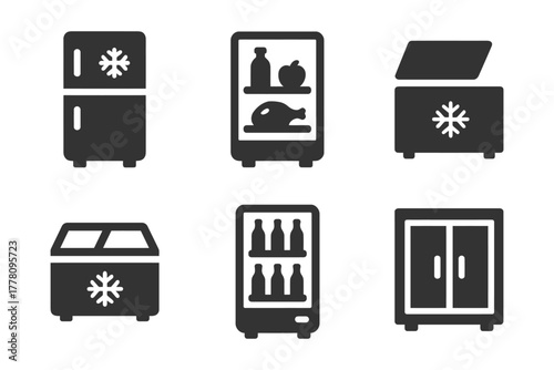 Set of black refrigerator and freezer icons for kitchen appliances.