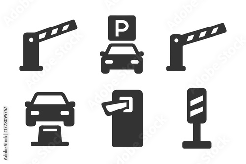 Set of parking and toll icons including car and barrier symbols.