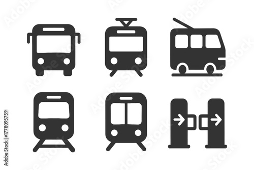 Urban transport icons: bus, tram, trolleybus, metro, subway, turnstile symbols in black.