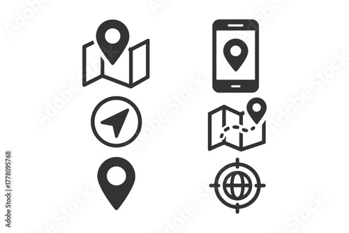 Navigation icons set featuring maps, pins, and compass symbols.