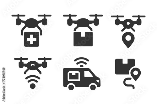 Drone delivery icons: medical, parcel, location, wifi, van, route tracking.