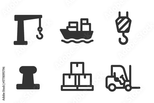 Logistics and shipping icons: crane, cargo ship, hook, bollard, boxes, forklift.