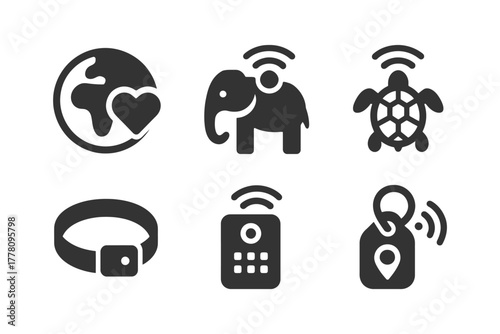 Animal tracking icons featuring elephant and turtle with gps and heart earth.