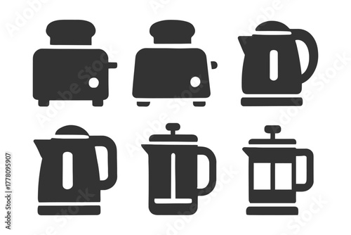 Silhouette icons of kitchen appliances toaster and kettle collection.