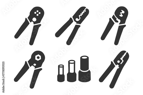 Variety of crimping tools and connectors set for electrical work.
