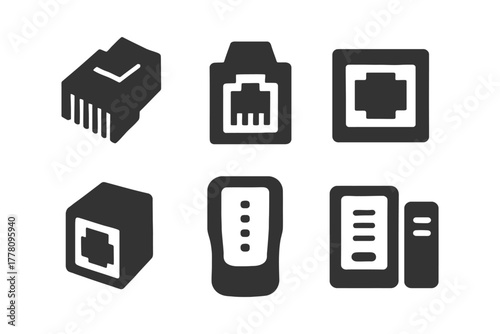Set of ethernet connectors and ports icons on white background.
