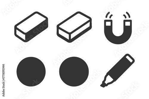Set of vector icons: eraser, magnet, circle, marker.