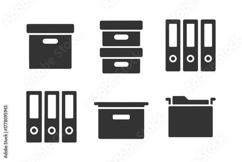 Set of black office storage boxes and binders icons.