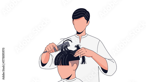 A barber cuts a clients hair with scissors and a comb