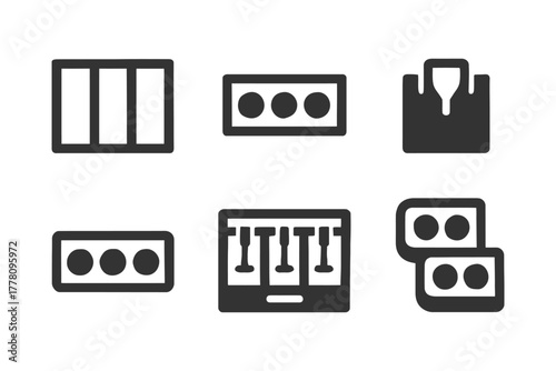 Collection of six simple control panel symbols in black on white background.