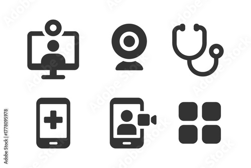 Telehealth icons: video call, webcam, stethoscope, mobile app.