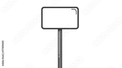 A blank white sign with a rounded rectangular shape on a dark grey pole