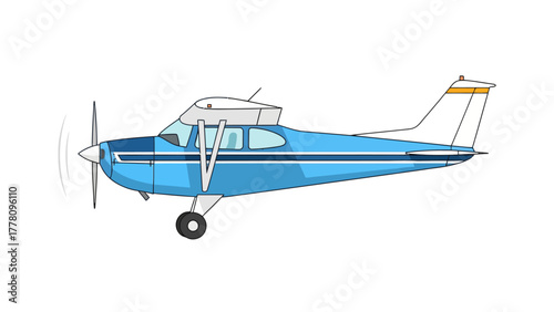 A blue and white propeller plane with a black wheel