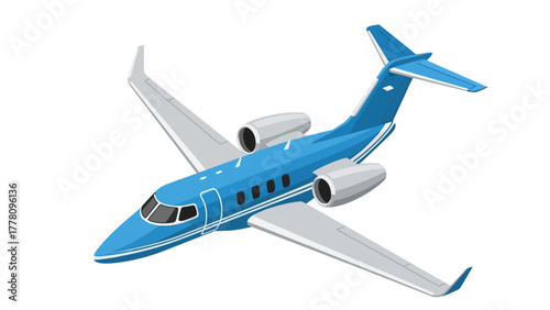 A blue and white private jet airplane depicted in a 3D isometric perspective