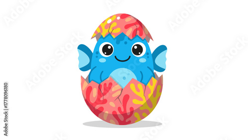A blue cartoon creature hatches from a cracked egg