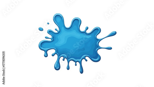A blue paint splatter with drips and drops on a white background
