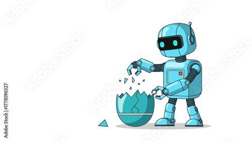 A blue robot is breaking open an egg