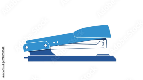 A blue stapler is shown from the side against a white background