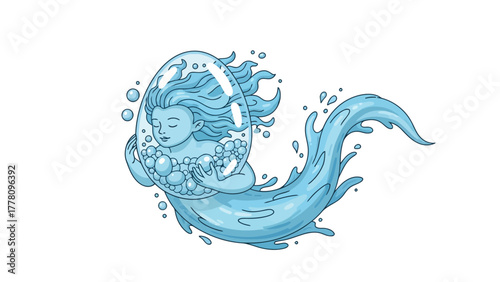 A blue water spirit with long hair and a bubble enclosure