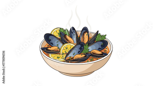 A bowl of steaming mussels with lemon and parsley in broth
