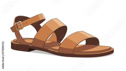 A brown sandal with straps and a buckle