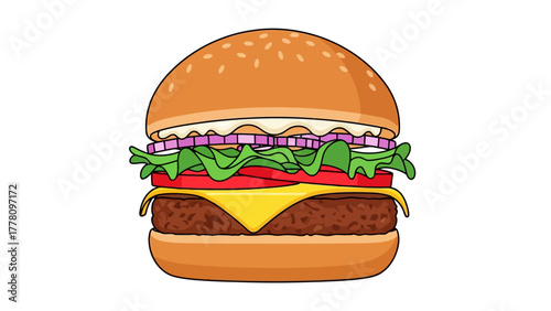 A cartoon illustration of a classic cheeseburger on a white background