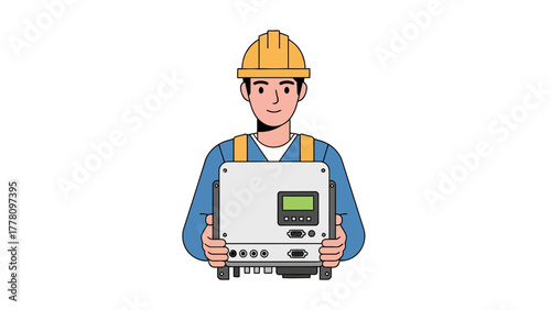 A cartoon man in a hard hat holds electronic equipment