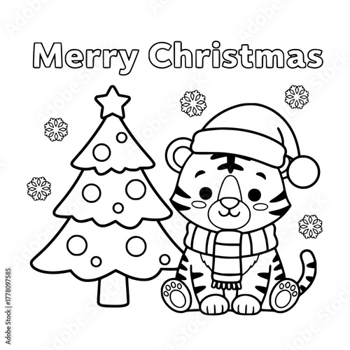 Tiger cub beside Christmas tree, coloring book page for toddlers Generative AI