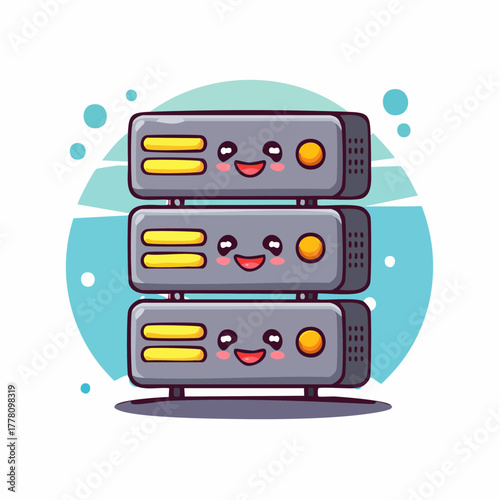 Adorable happy computer server stack, perfect for tech startups, data security, and cloud computing promotions with a fun, modern, and approachable vibe