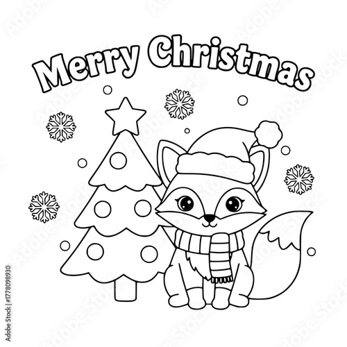 Fox beside Christmas tree, coloring book page for toddlers Generative AI