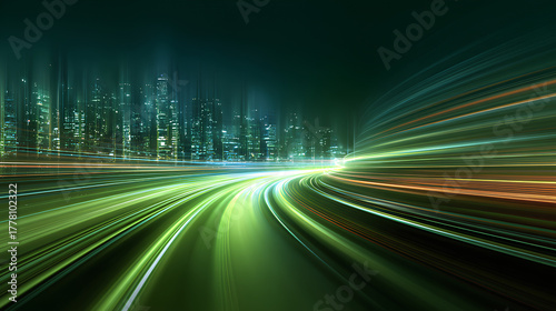 Fototapeta Naklejka Na Ścianę i Meble -  vector green light line with futuristic motion effect and abstract automobile blur, glowing trail and beam streak in city design, dynamic disco background for speed illustration and night. 