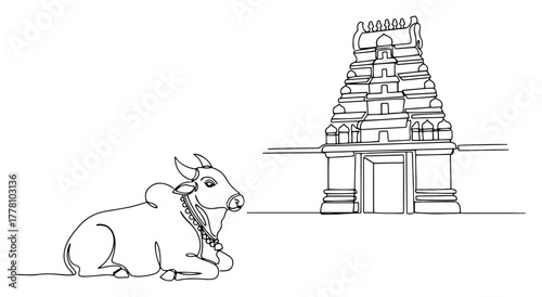 Nandi Bull in front of a Gopuram. South Indian Hindu Temple. Continuous Line Art
