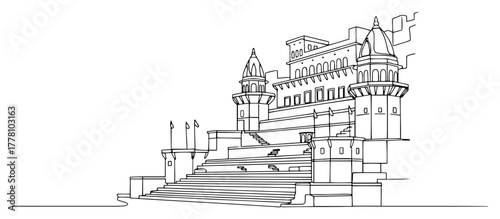 Riverside Indian palace fort with ghats and grand steps minimalist line art vector illustration