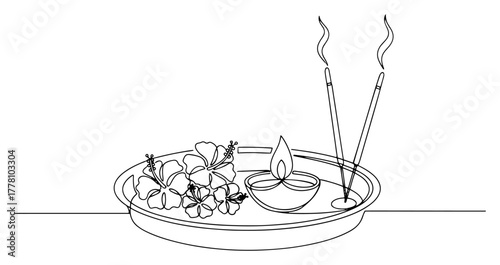 Continuous one line drawing of Puja Thali with diya lamp incense sticks and flowers. Hindu religious offering plate for worship vector.