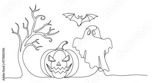 Spooky scene with haunted tree jack o lantern ghost and flying bat minimalist line art vector illustration