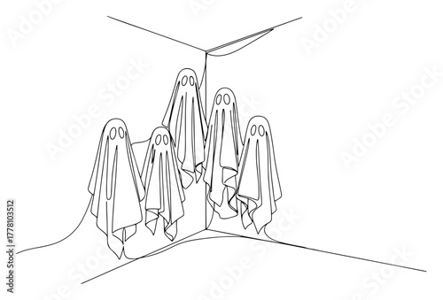 Continuous one line drawing of cute ghosts hiding in a corner. Spooky Halloween characters vector illustration.